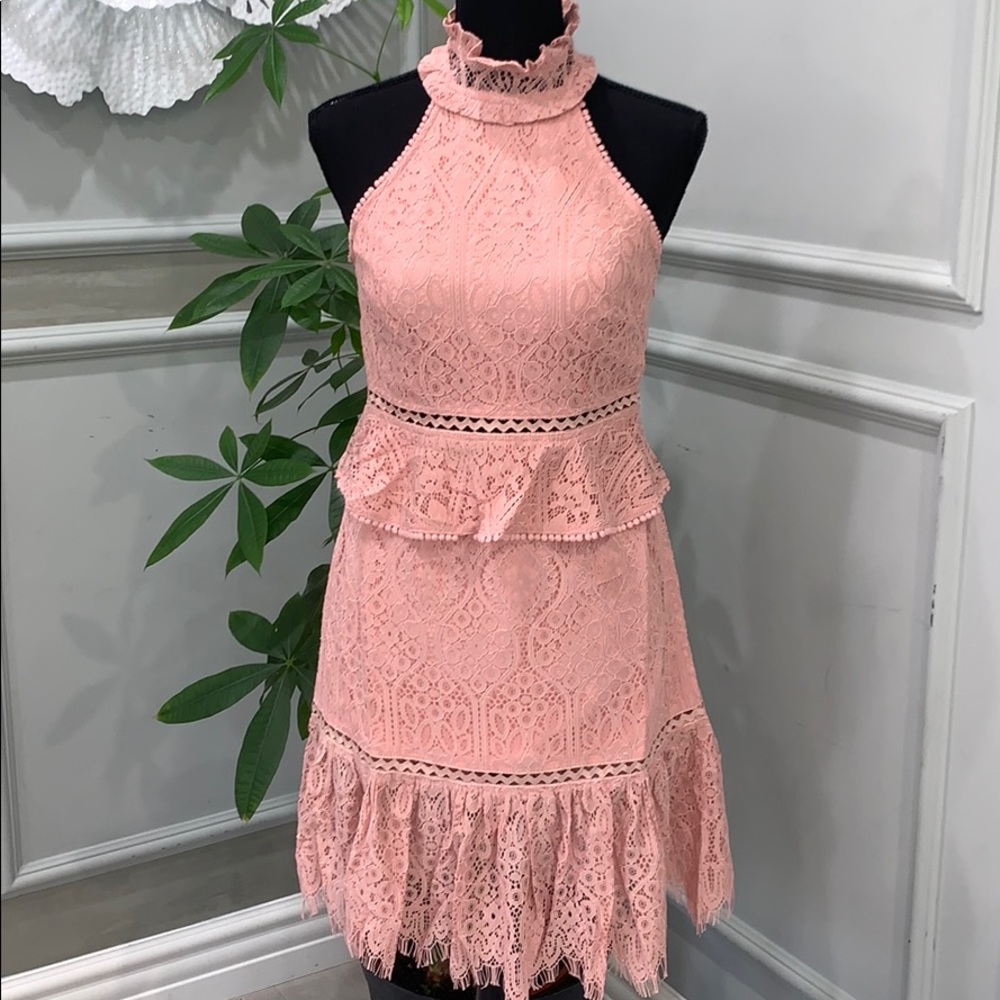 FOXIEDOX PINK TURTLE NECK LACE DRESS. SMALL
